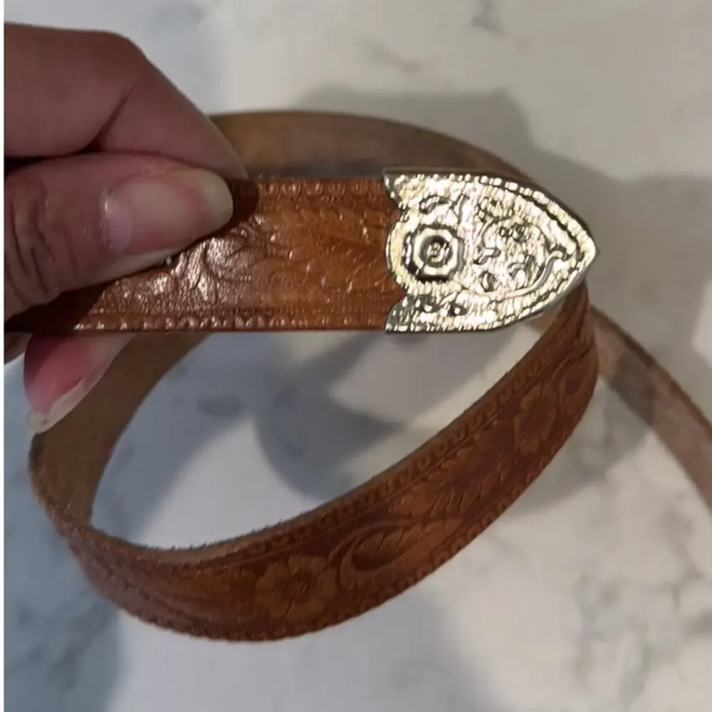 Vintage tooled leather bohemian western silver buckle and accents belt size 28